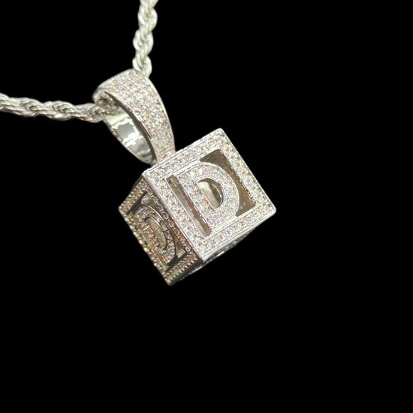 20"Rope Chain - 14K White Gold Finish Square Letter D. - Picture 2 of 7